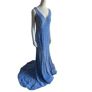 Sparkling Blue Sequin Mermaid Gown V Neck Train Formal Evening Dress Size‎ 14